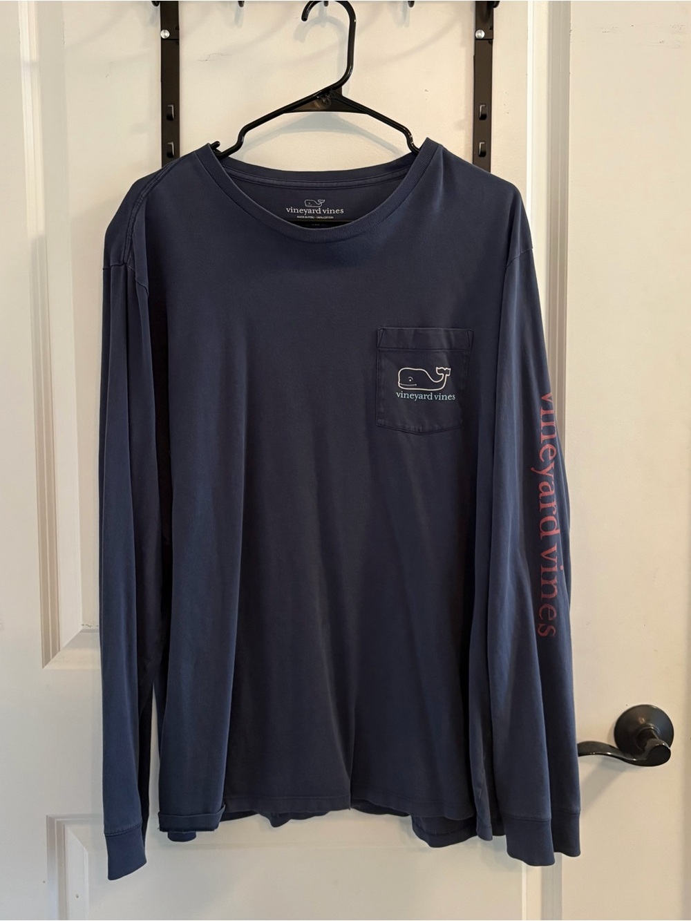 Vineyard Vines Navy Long-Sleeve Pocket Tee with Pink Sleeve Logo